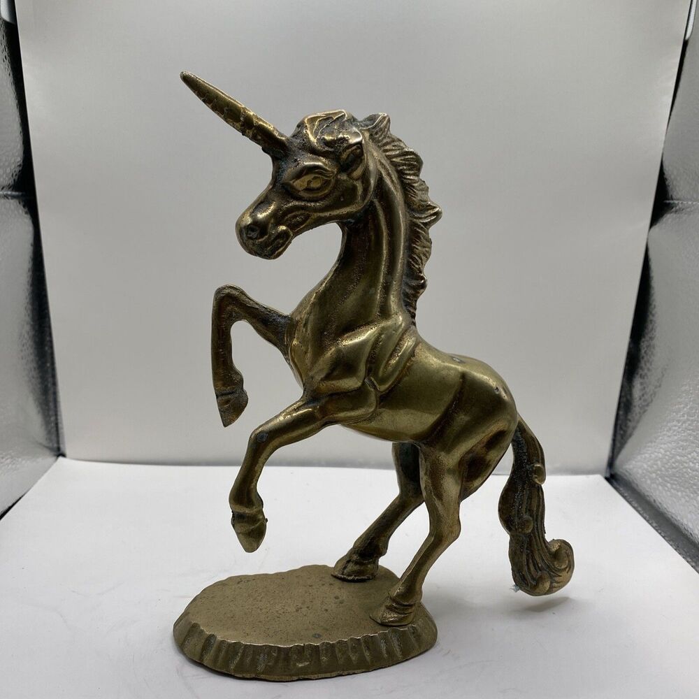 Vintage Brass Unicorn Figurine Decor Solid Patina Cottage Core Fairytale